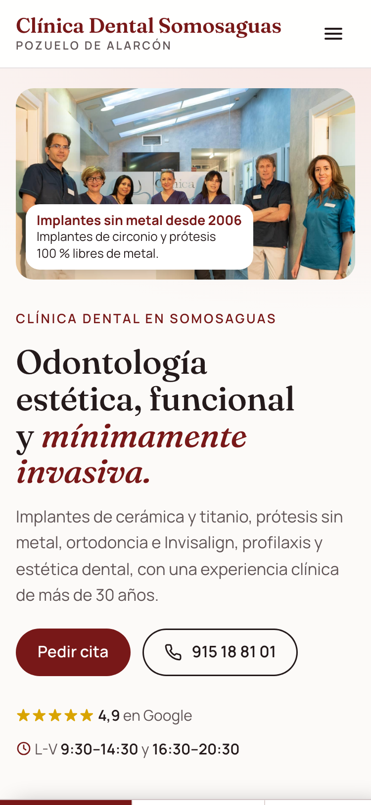 Captura de la web nueva de Clínica Dental Somosaguas en un móvil